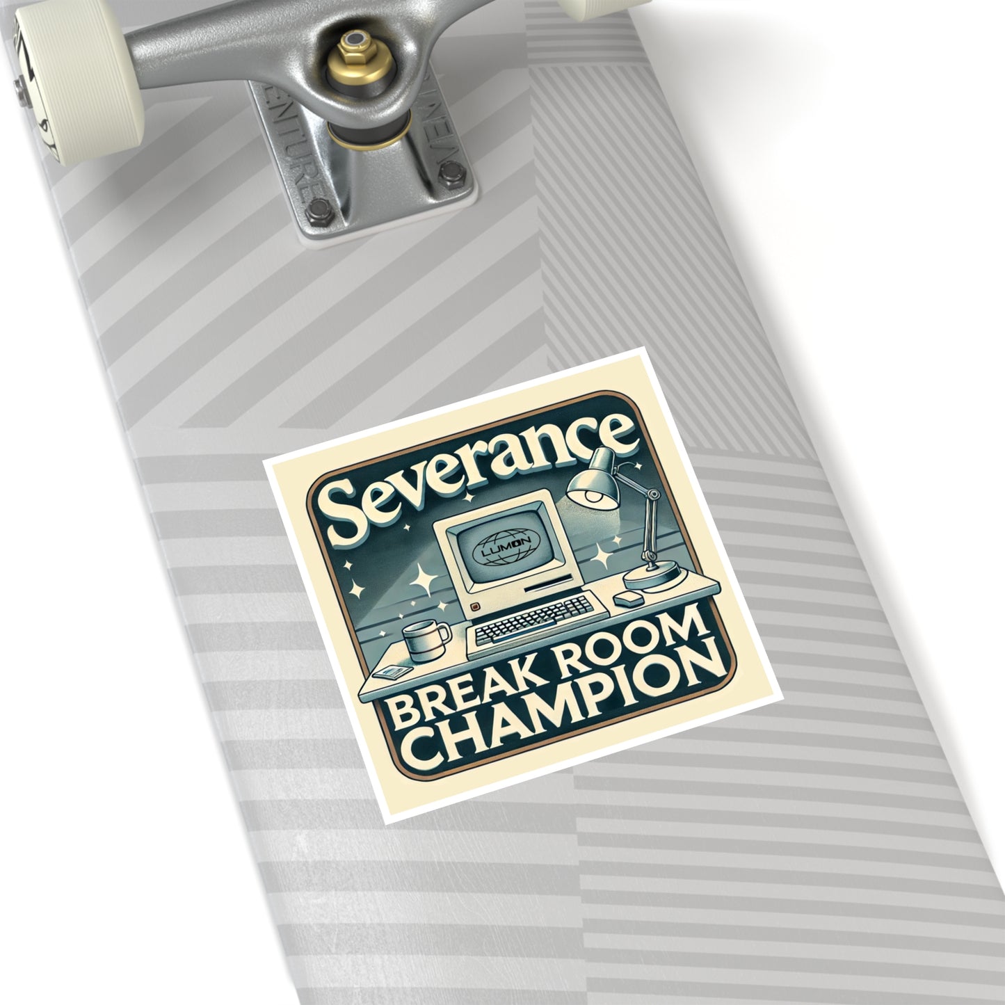 Break Room Champion Sticker – Severance TV Show Vinyl Sticker – Retro Lumon Office Fan Art for Laptop, Water Bottle, or Notebook