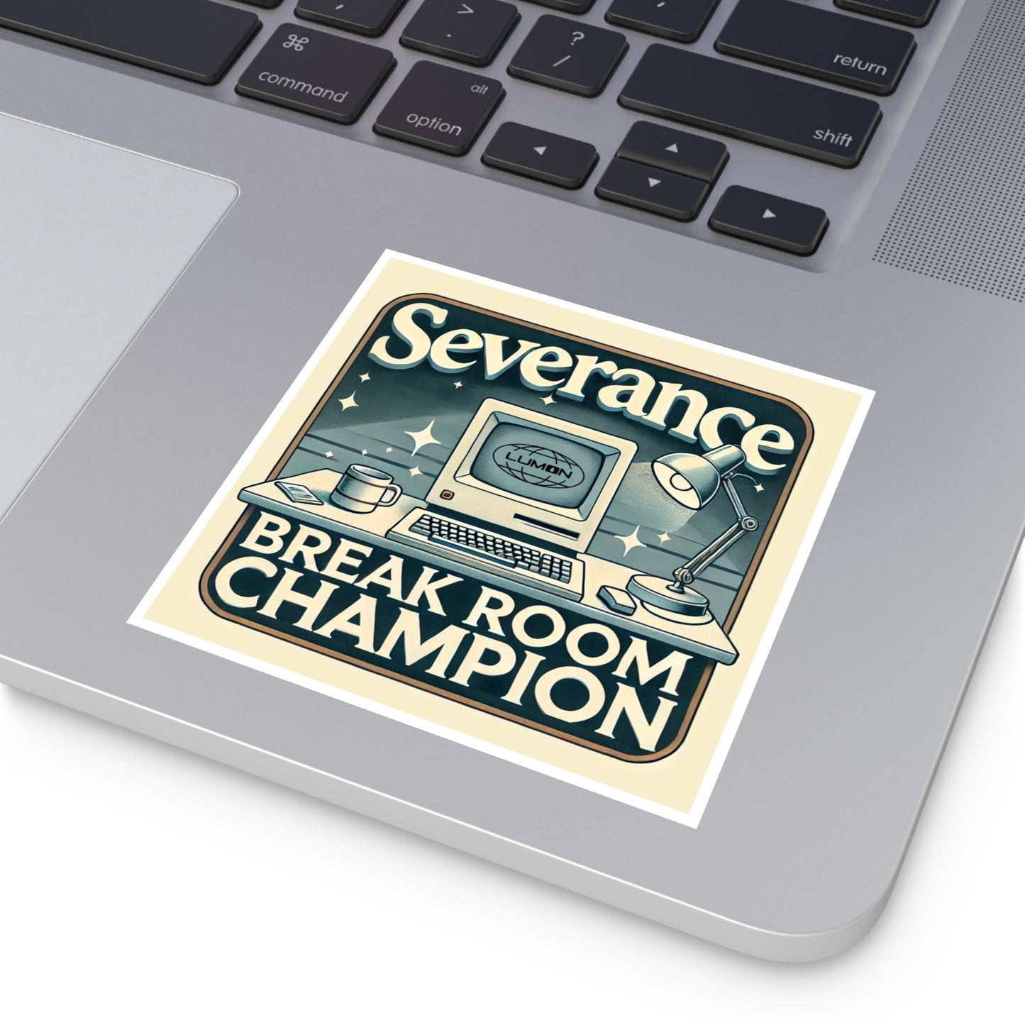 Break Room Champion Sticker – Severance TV Show Vinyl Sticker – Retro Lumon Office Fan Art for Laptop, Water Bottle, or Notebook