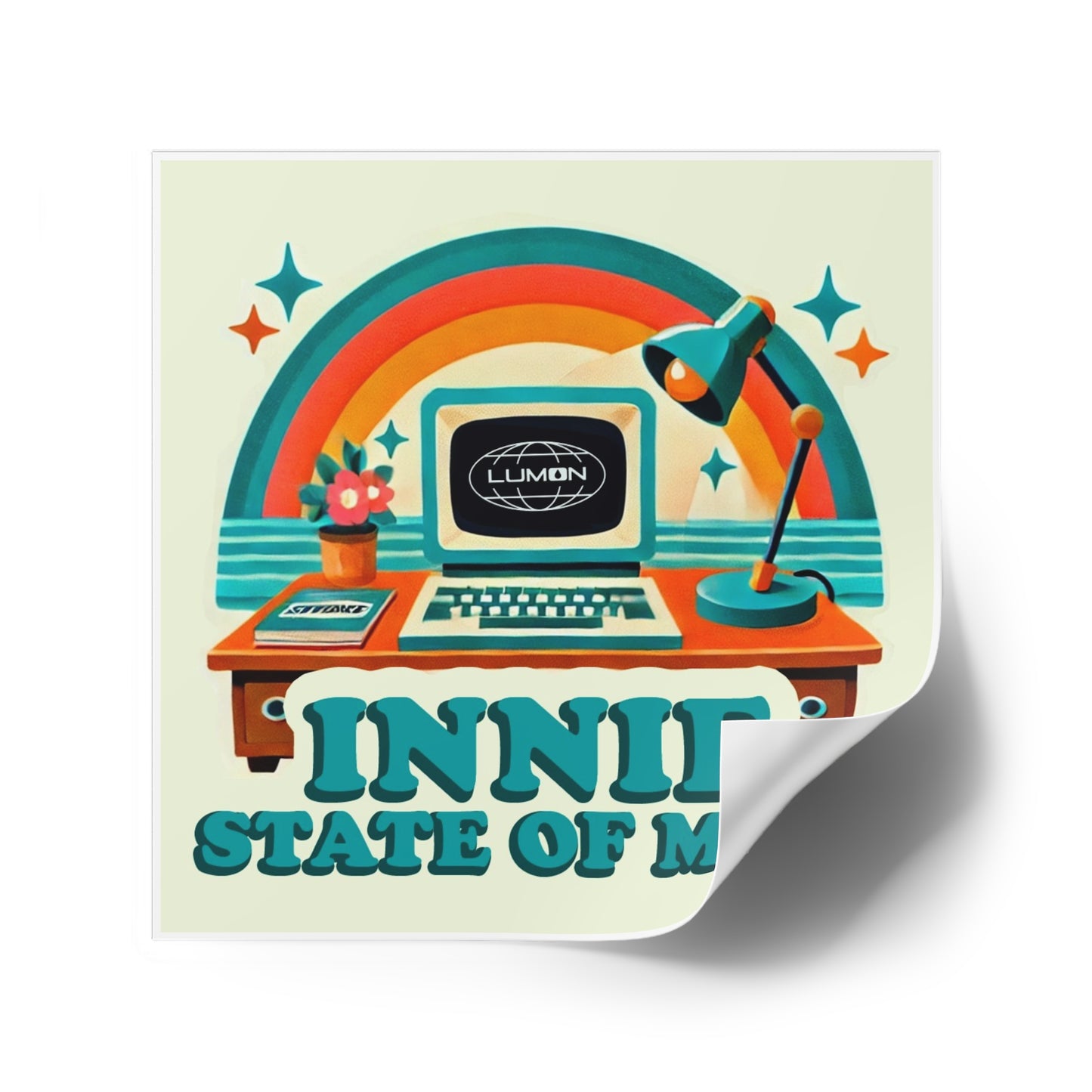 INNIE STATE OF MIND Sticker – Retro Severance TV Show Vinyl Sticker – Rainbow Office Fan Art for Laptops, Journals & Water Bottles