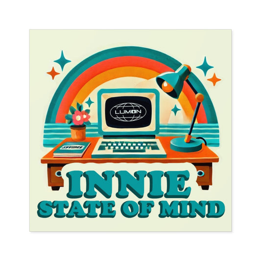 INNIE STATE OF MIND Sticker – Retro Severance TV Show Vinyl Sticker – Rainbow Office Fan Art for Laptops, Journals & Water Bottles